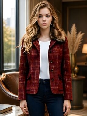 NWT Laura Ashley Petite Plaid Tweed Jacket Detachable Faux Fur Collar Small